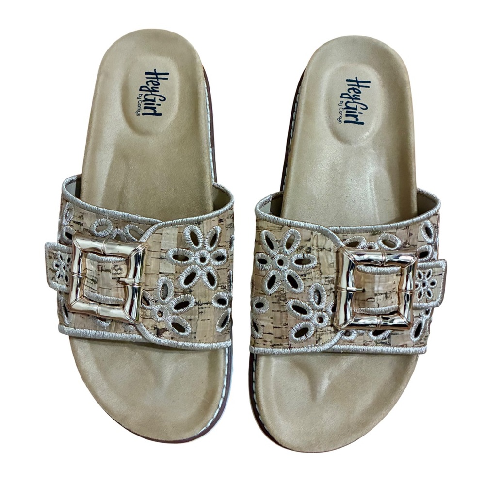 Hey Girl by Corkys Slid in My DM Sandals Women Size 9 Gold Buckle Floral Cutout